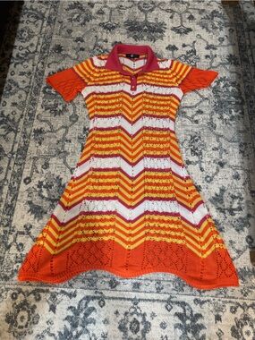 Ashley Stewart Pink, Orange, Yellow & White Striped Crochet Dress